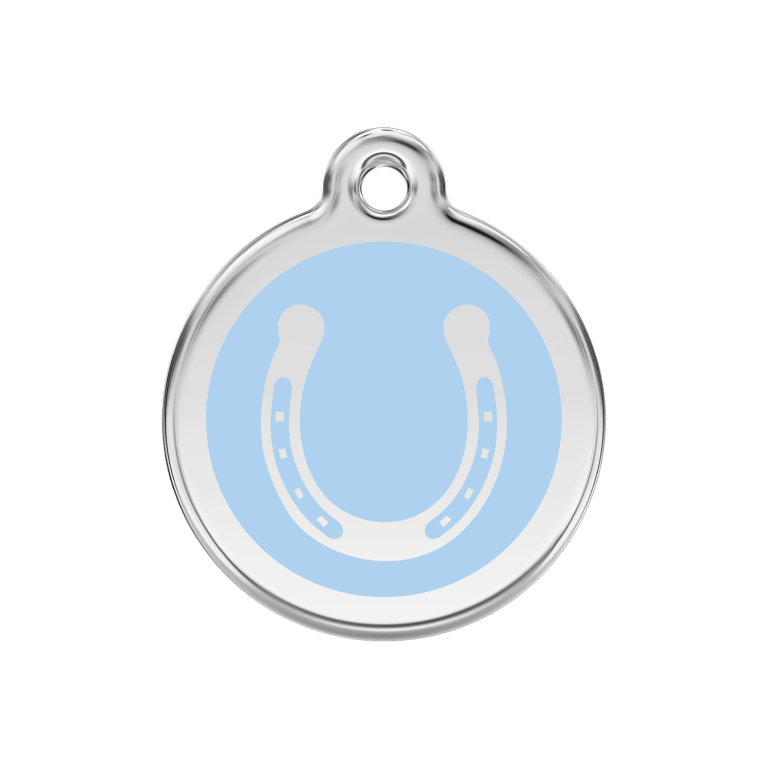 Vue avant - Médaille personnalisée pour chien Red Dingo Émail et acier inoxydable - Fer à cheval bleu clair - Taglia M 30.00mm