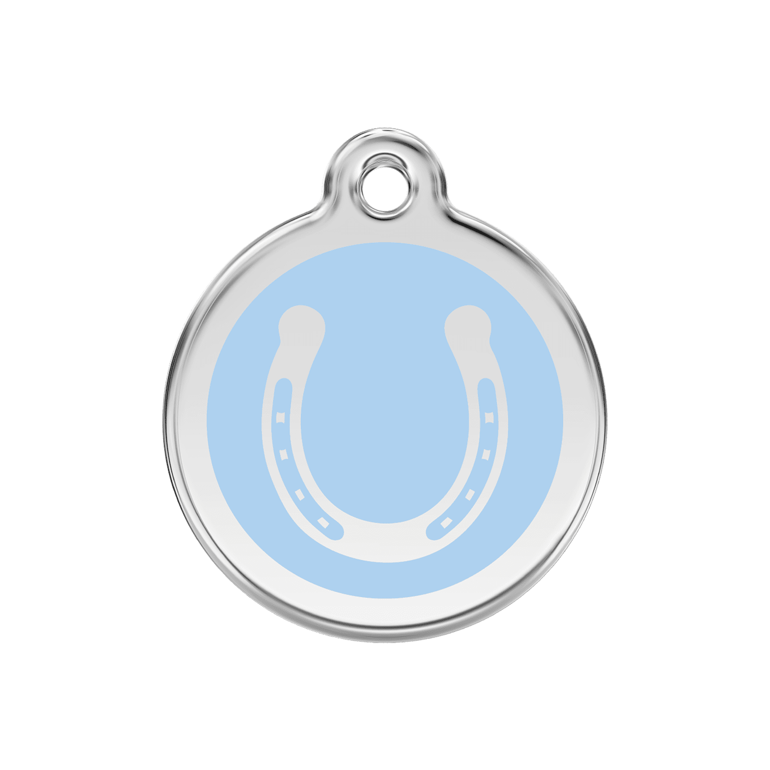 Vue avant - Médaille personnalisée pour chien Red Dingo Émail et acier inoxydable - Fer à cheval bleu clair - Taglia M 30.00mm