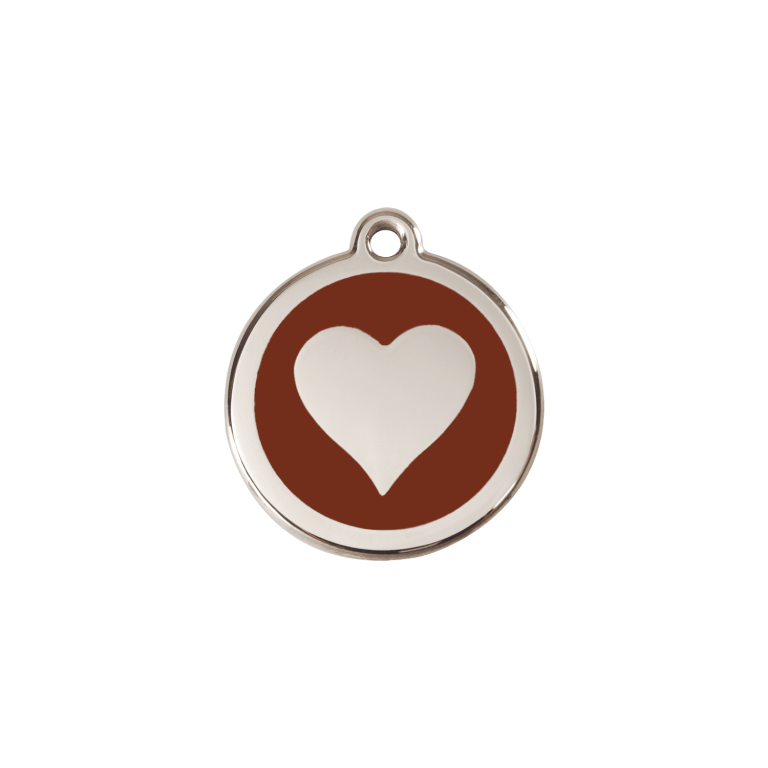 Vue avant - Médaille personnalisée en émail et acier inoxydable pour chat - Red Dingo - Motif cœur brun - Taglia S