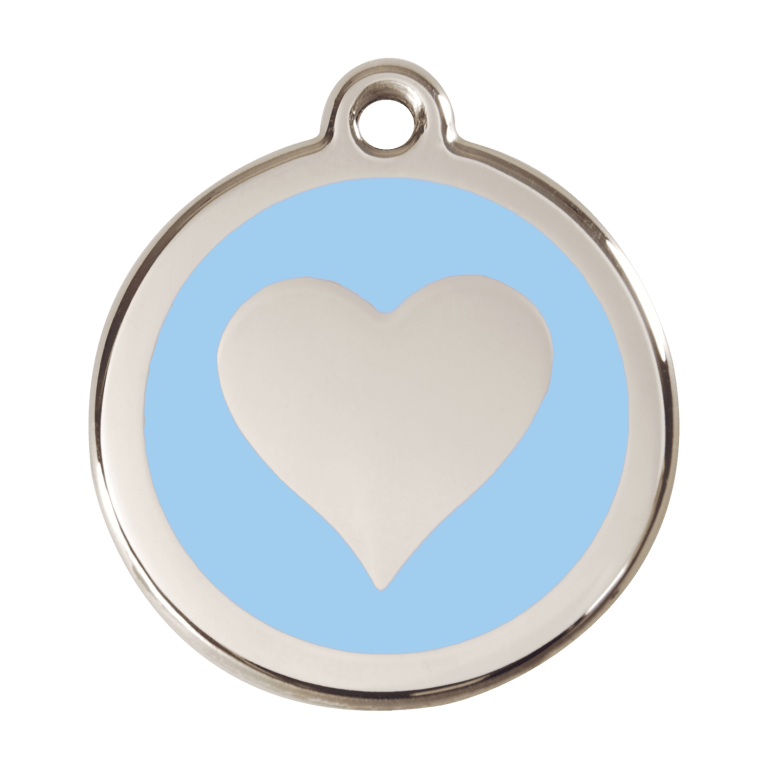 Vue avant - Médaille personnalisable pour chien ou chat - Red Dingo Émail et acier inoxydable - Motif cœur bleu clair - Taglia L