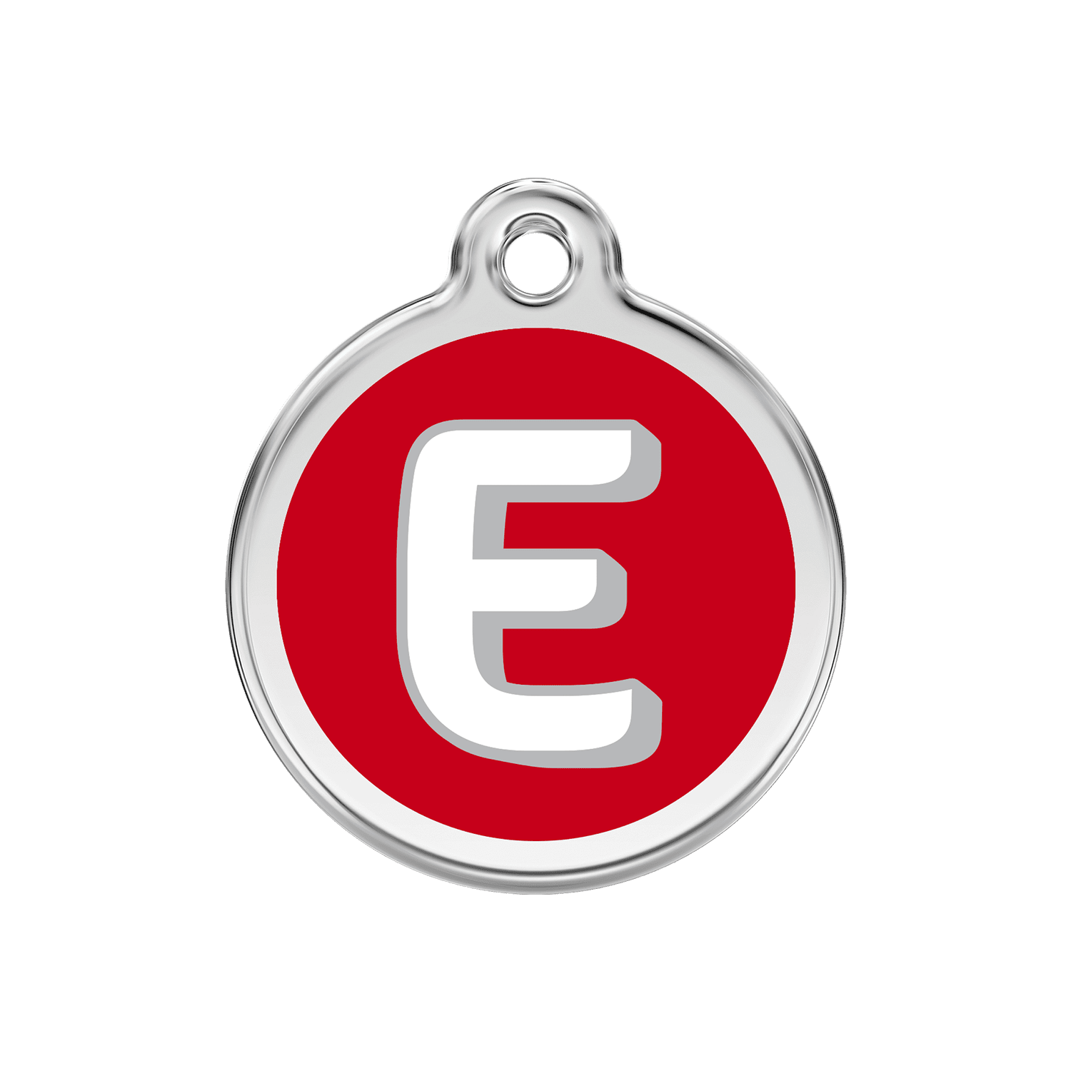 Vue avant - Médaille personnalisée Red Dingo Émail et acier inoxydable - Lettre E rouge - Taglia M 30.00mm