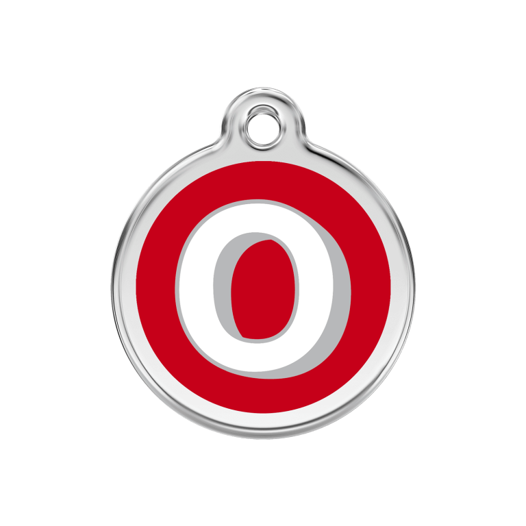 Vue avant - Médaille personnalisable pour chien Red Dingo Émail et acier inoxydable - Lettre O rouge - Taglia M