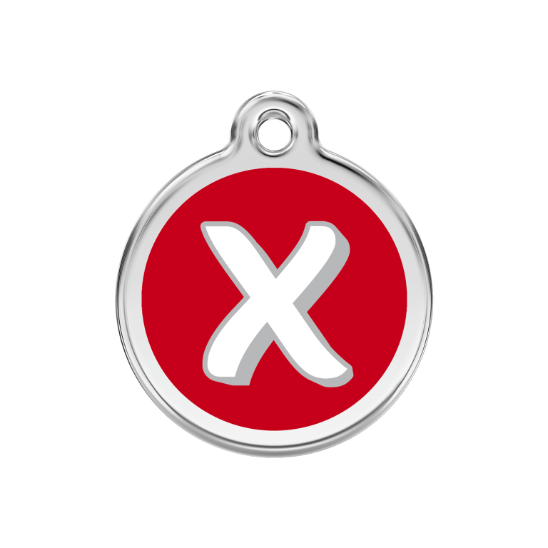Vue avant - Médaille personnalisée pour chien Red Dingo Émail et acier inoxydable - Lettre X - Rouge - Taglia M