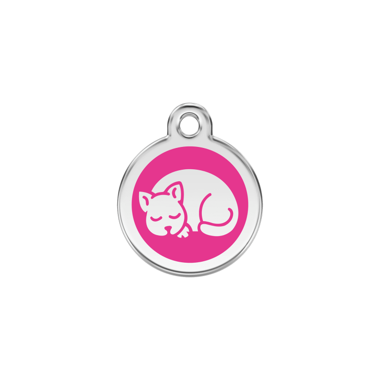 Vue avant - Médaille personnalisée en émail et acier inoxydable pour chat - Red Dingo - Motif chaton rose vif - Taglia S