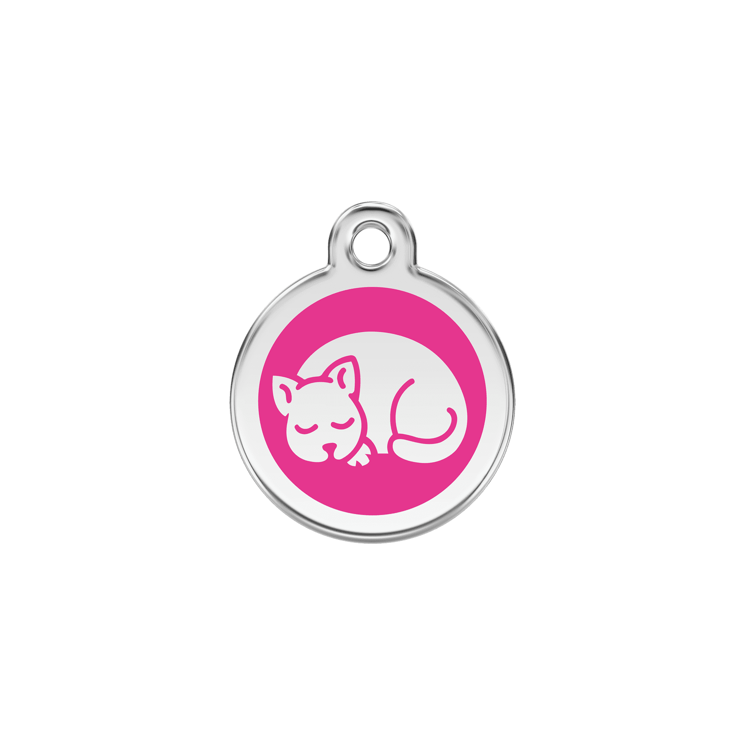 Vue avant - Médaille personnalisée en émail et acier inoxydable pour chat - Red Dingo - Motif chaton rose vif - Taglia S