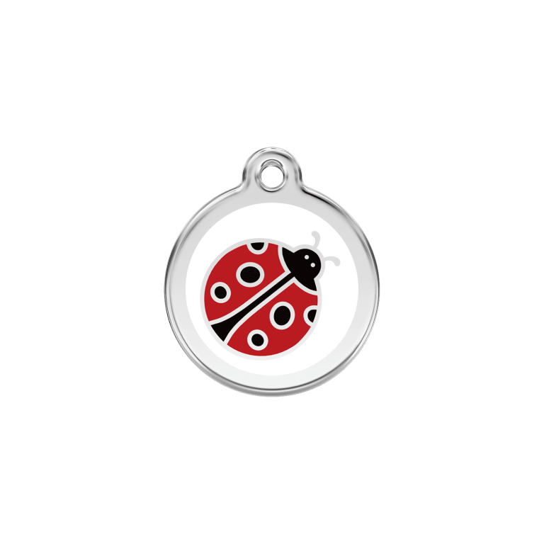 Vue avant - Médaille personnalisée pour chien/chat Red Dingo Émail et acier inoxydable - Coccinelle Blanc - Taglia S