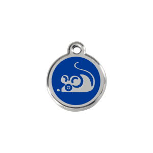 Medaglietta per gatto piccola con topo in smalto blu scuro e acciaio inox