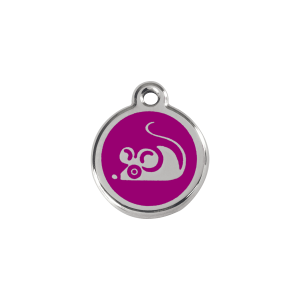 Medaglietta per gatto piccola smalto viola con topo in acciaio inox