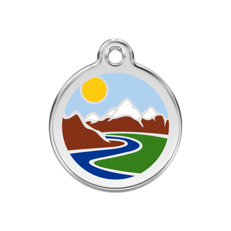 Vue avant - Médaille personnalisée pour chien Red Dingo Émail et acier inoxydable motif montagnes bleu clair - Taglia M