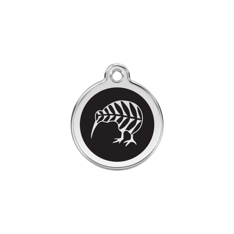 Vue avant - Médaille personnalisée pour chien/chat Red Dingo Émail et acier inoxydable - Motif kiwi - Noir - Taglia S