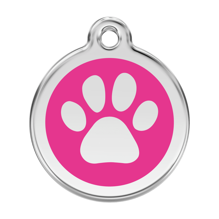 Vue avant - Médaille personnalisée pour chien ou chat - Empreinte de patte rose vif - Red Dingo 01-PP-HP-LG