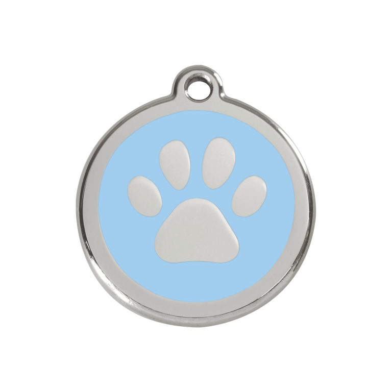 Vue avant - Médaille personnalisable pour chien ou chat - Empreinte de patte bleu clair en émail et acier inoxydable