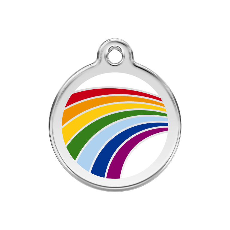 Vue avant - Médaille personnalisée pour chien Red Dingo Émail et acier inoxydable arc-en-ciel blanc - Taglia M