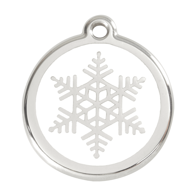 Vue avant - Médaille personnalisée pour chien - Red Dingo Émail et acier inoxydable - Flocon de neige blanc - Taglia L