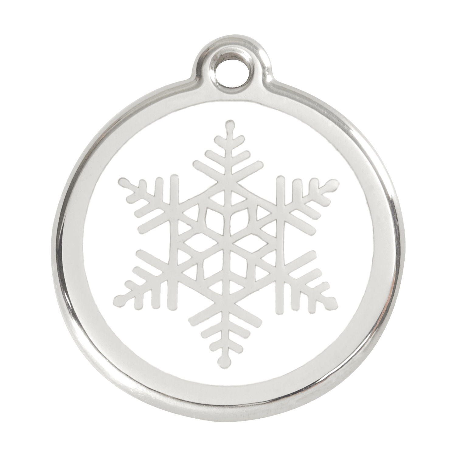 Vue avant - Médaille personnalisée pour chien - Red Dingo Émail et acier inoxydable - Flocon de neige blanc - Taglia L