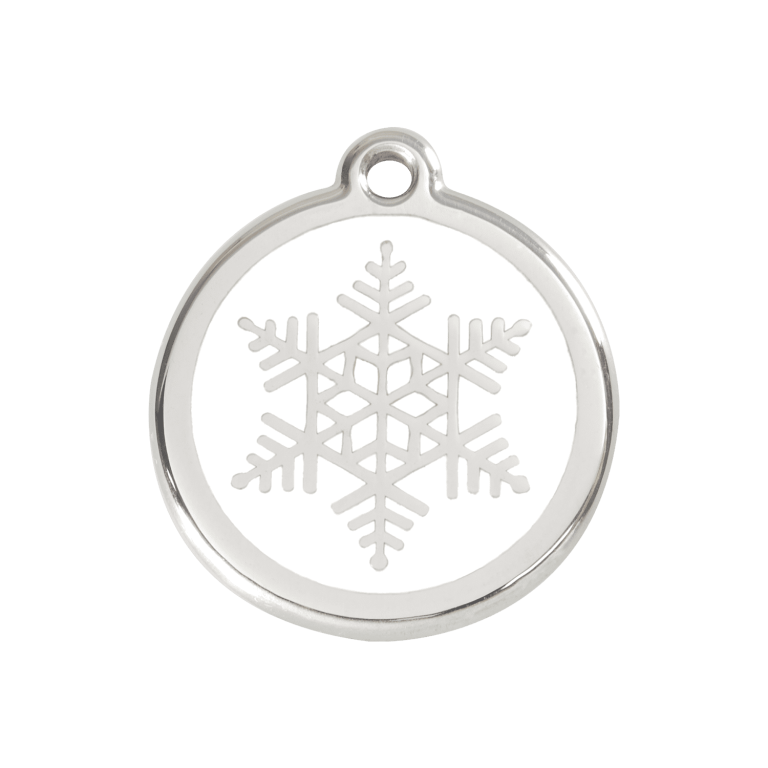 Vue avant - Médaille personnalisée pour chien/chat Red Dingo Émail et acier inoxydable - Flocon de neige blanc - Taglia M