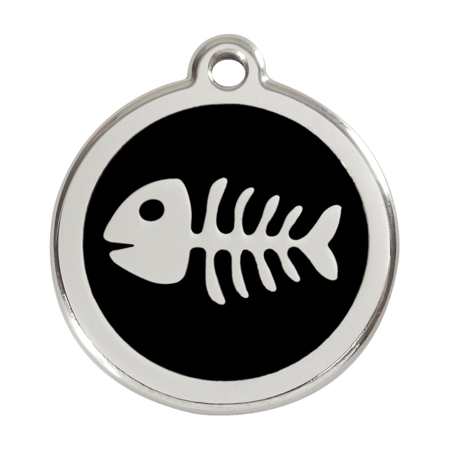 Vue avant - Médaille personnalisable pour chien Red Dingo Émail et acier inoxydable - Squelette de poisson - Noir - Taglia L