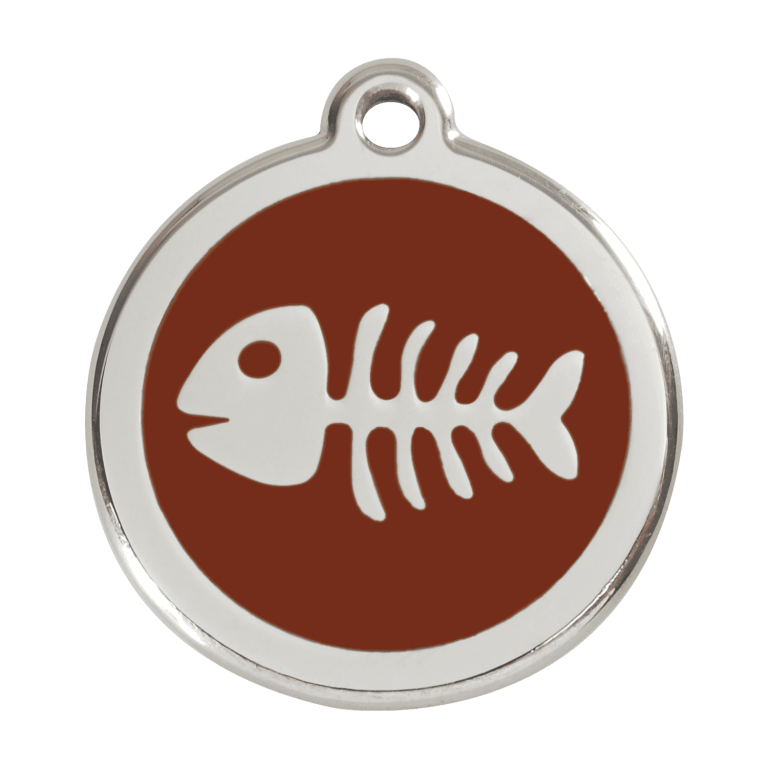 Vue avant - Médaille personnalisable pour chien Red Dingo Émail et acier inoxydable Squelette de poisson Brun Taglia L