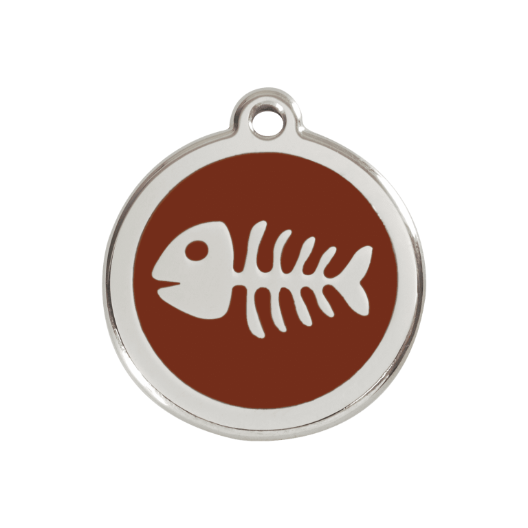 Vue avant - Médaille personnalisée pour chien Red Dingo en émail et acier inoxydable avec motif de squelette de poisson - Brun - Taglia M