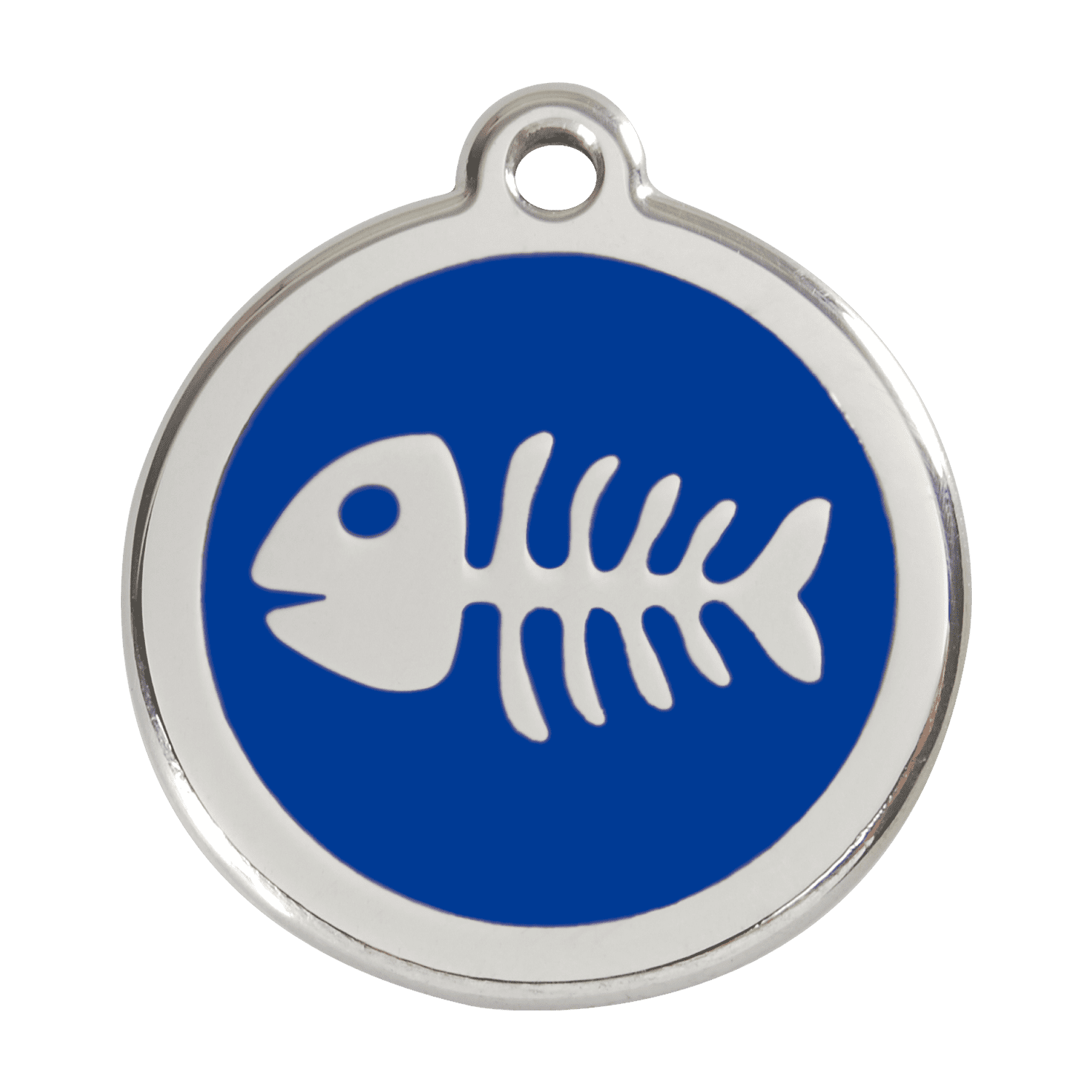 Vue avant - Médaille personnalisée pour chien Red Dingo Émail et acier inoxydable Squelette de poisson Bleu foncé - Taglia L