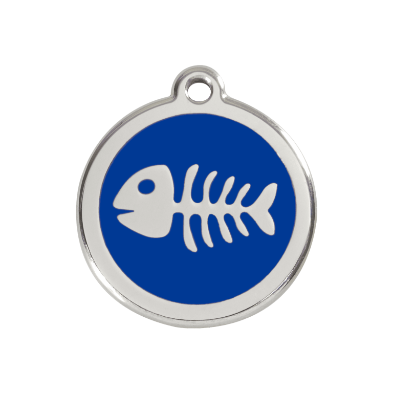 Vue avant - Médaille personnalisée pour chien Red Dingo - Squelette de poisson bleu foncé - Taglia M