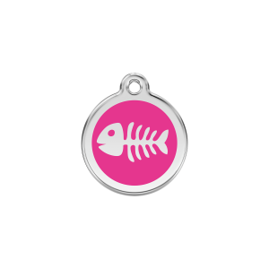 Medaglietta per cane piccolo piccola lisca di pesce smalto rosa vivace acciaio inox