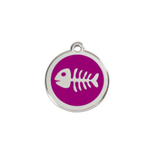 Medaglietta per gatto piccola lisca di pesce smalto viola acciaio inox