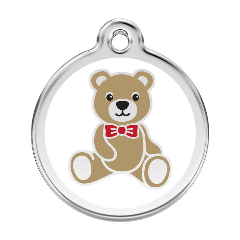 Vue avant - Médaille personnalisée pour chien Red Dingo Émail et acier inoxydable Ours en peluche Blanc 38.00mm