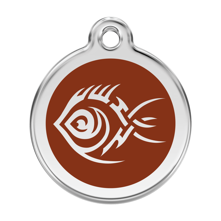 Vue avant - Médaille personnalisée pour chien Red Dingo Émail et acier inoxydable Poisson tribal Brun - Taglia L