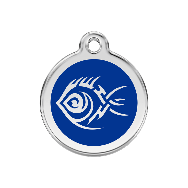 Vue avant - Médaille personnalisée pour chien ou chat Red Dingo Émail et acier inoxydable Poisson tribal Bleu foncé 30mm