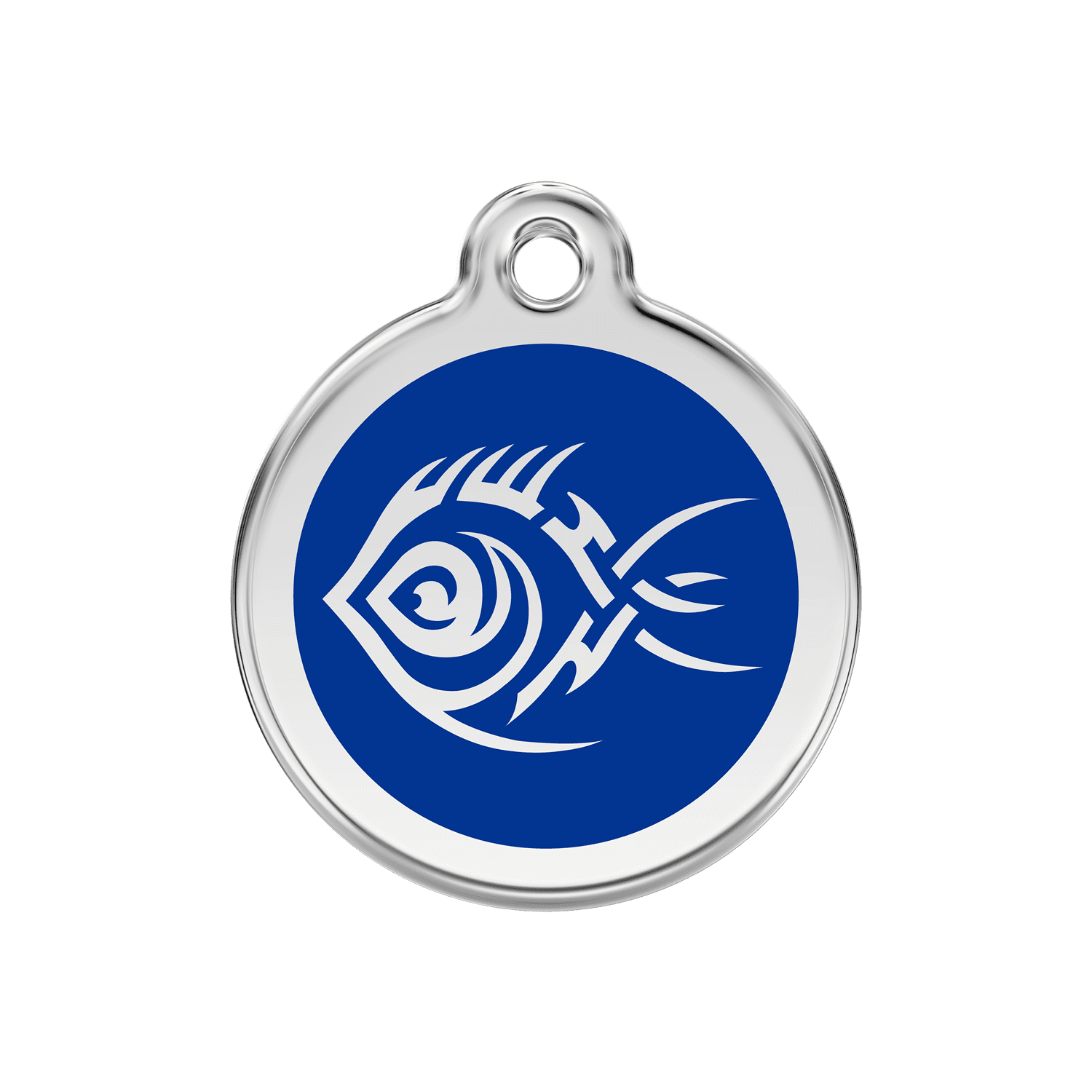 Vue avant - Médaille personnalisée pour chien ou chat Red Dingo Émail et acier inoxydable Poisson tribal Bleu foncé 30mm