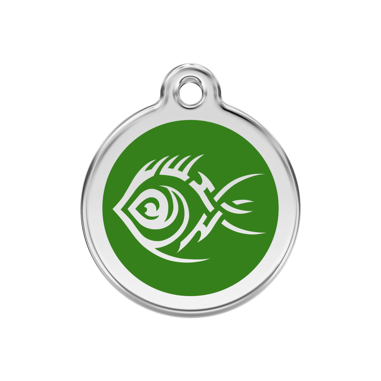 Vue avant - Médaille personnalisée pour chien/chat Red Dingo Émail et acier inoxydable - Motif Poisson tribal - Vert - Taglia M