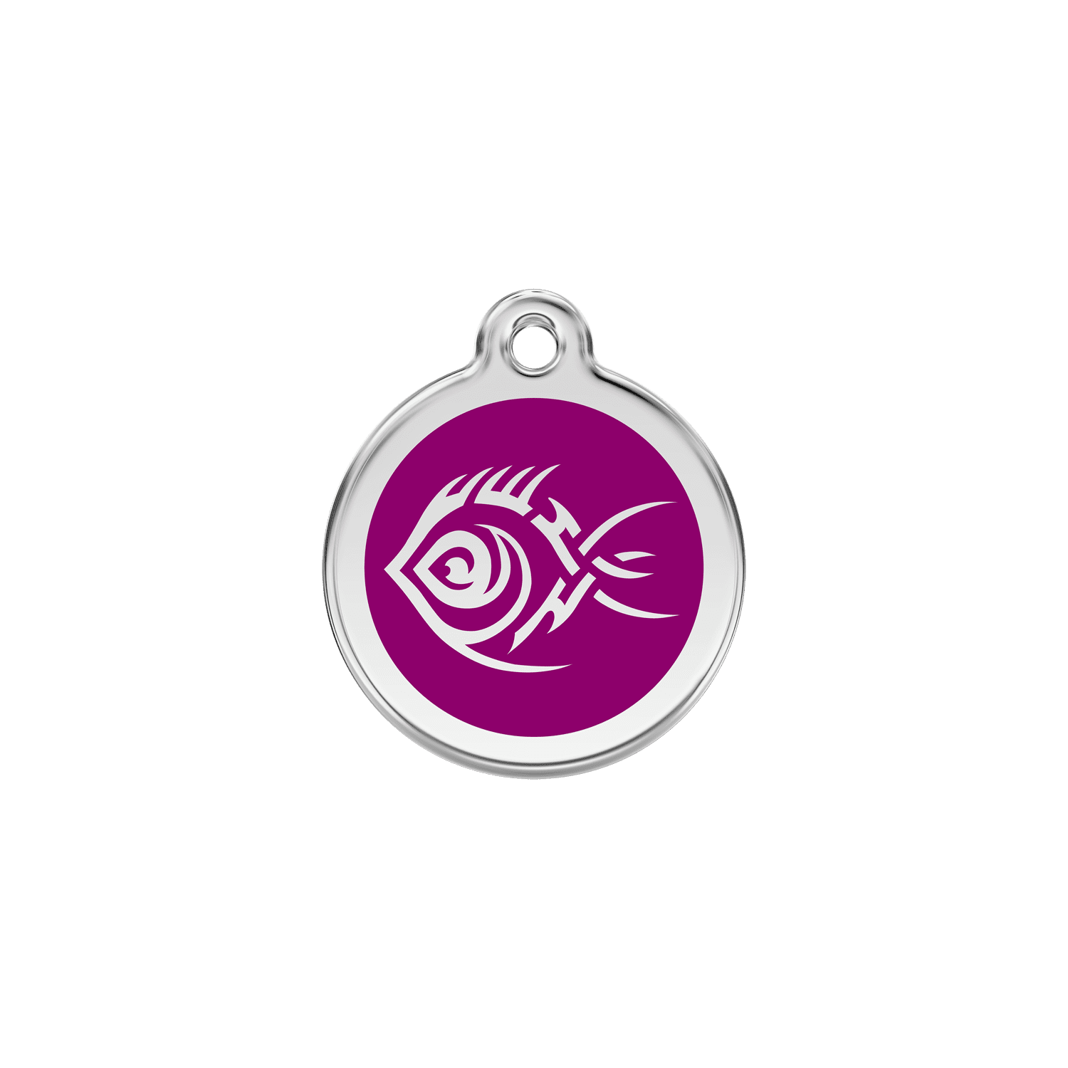 Vue avant - Médaille personnalisée pour chat Red Dingo Émail et acier inoxydable - Motif Poisson tribal - Violet - Taglia S