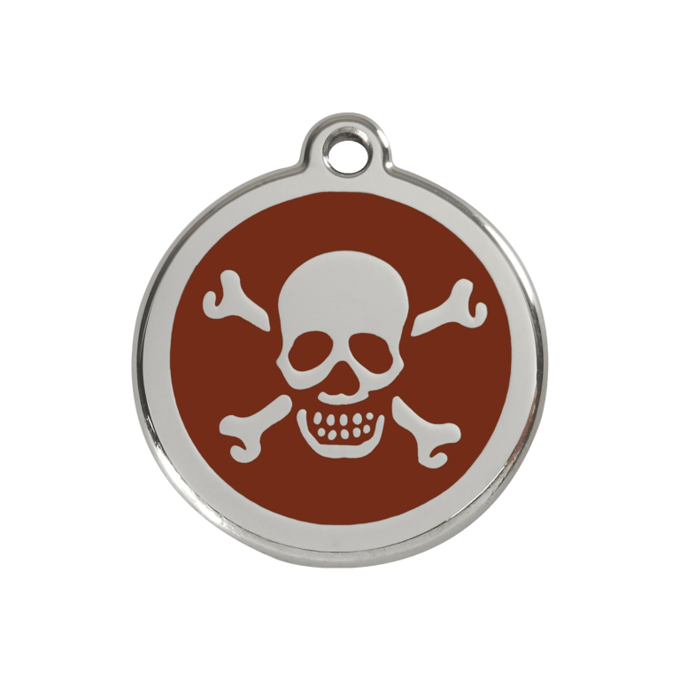 Vue avant - Médaille personnalisée pour chien Red Dingo en émail et acier inoxydable - Tête de mort brun - Taglia M