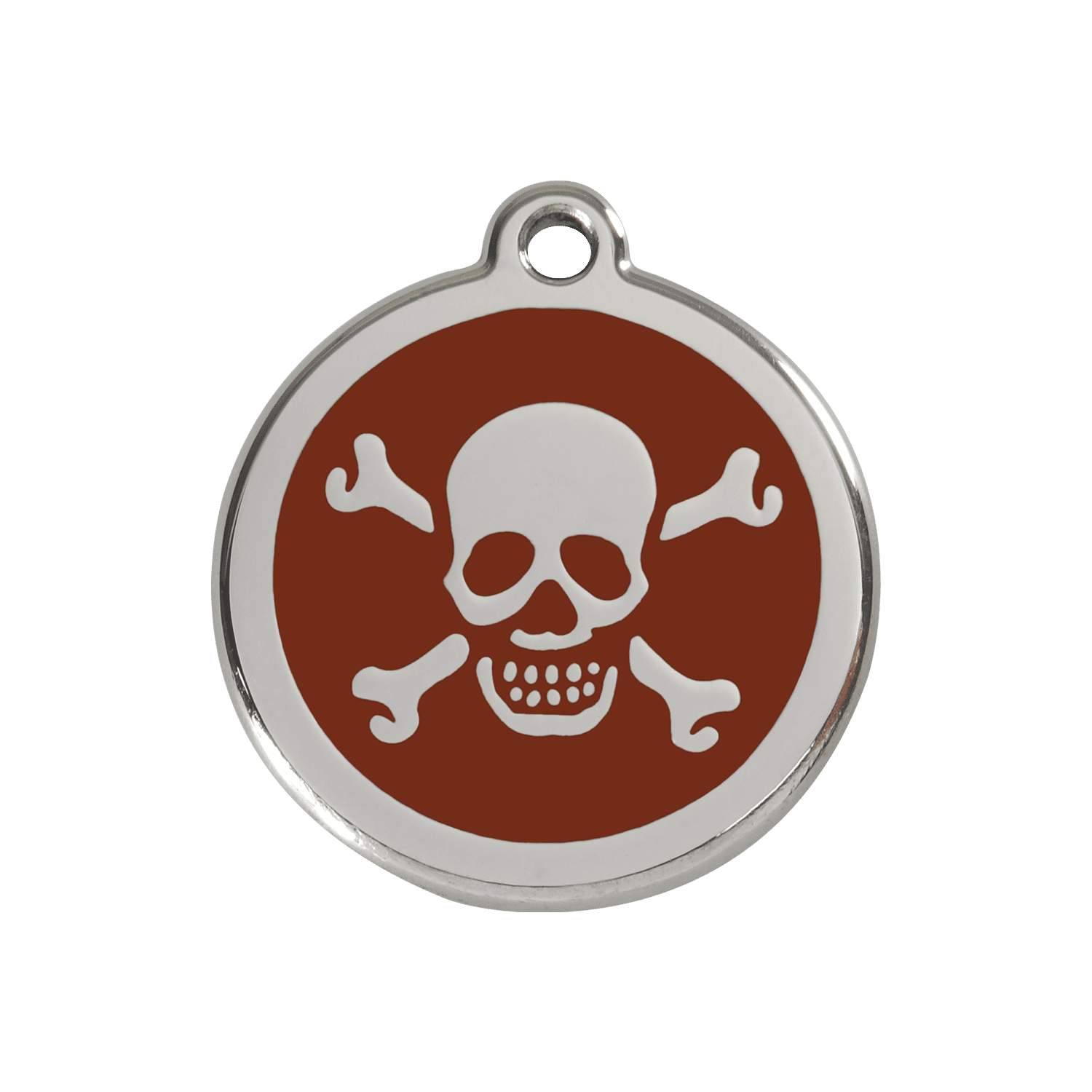 Vue avant - Médaille personnalisée pour chien Red Dingo en émail et acier inoxydable - Tête de mort brun - Taglia M