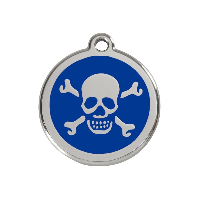 Vue avant - Médaille personnalisée pour chien Red Dingo Émail et acier inoxydable Tête de mort Bleu foncé - Taglia M