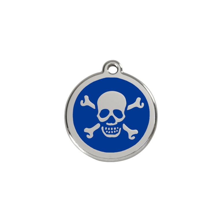 Vue avant - Médaille personnalisée en émail et acier inoxydable pour chat - Tête de mort bleu foncé - Red Dingo