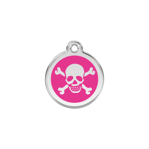 Medaglietta per cane piccolo piccola teschio smalto rosa vivo acciaio inox