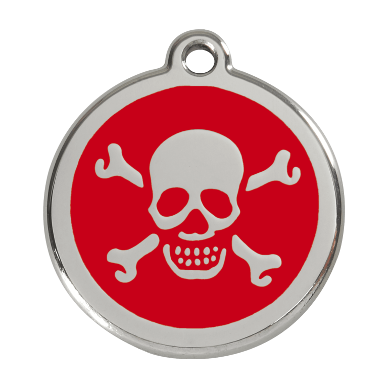 Vue avant - Médaille personnalisée pour chien Red Dingo en émail et acier inoxydable - Tête de mort rouge - Taglia L