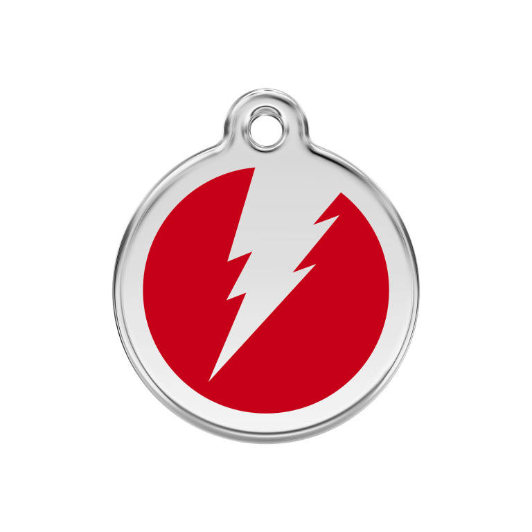 Vue avant - Médaille personnalisée pour chien Red Dingo Émail et acier inoxydable - Motif éclair - Rouge - Taglia M