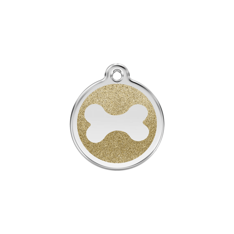 Vue avant - Médaille personnalisée pour chien/chat Red Dingo Émail pailleté Or - Os scintillant - Taglia S