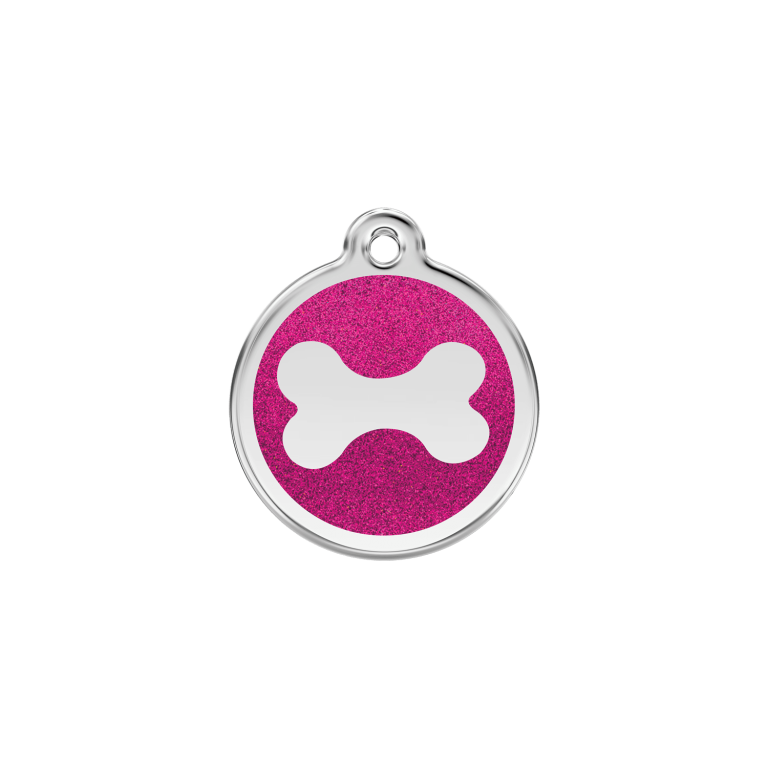 Vue avant - "Médaille personnalisée pour chat ou chien - Red Dingo Émail pailleté rose vif - Os scintillant - Taglia S"
