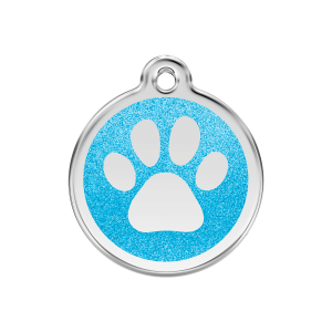 Medaglietta per cane medio in acciaio inox con smalto glitterato Aqua e impronta di zampa