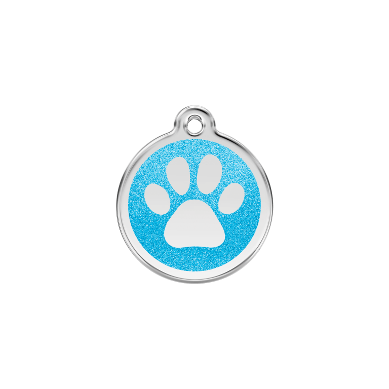 Vue avant - Médaille personnalisée pour chien/chat Red Dingo Émail pailleté Aqua 20mm - Empreinte de patte scintillante