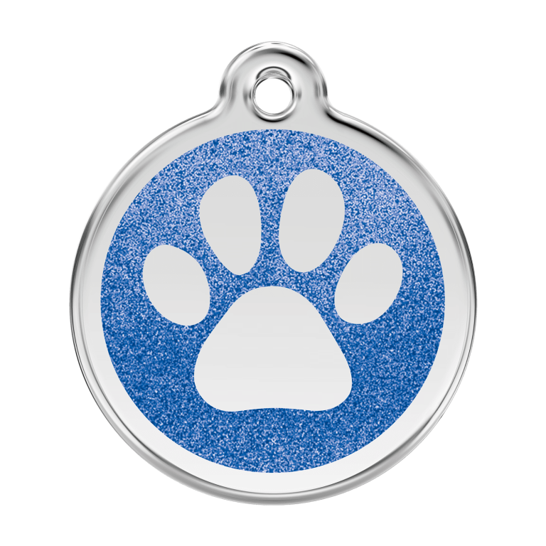Vue avant - Médaille personnalisée pour chien Red Dingo Émail pailleté bleu foncé - Taglia L - Empreinte de patte scintillante