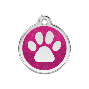Medaglietta per cane medio smalto glitter rosa vivace con impronta di zampa brillante