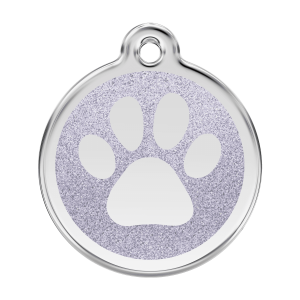 Medaglietta per cane grande in acciaio inox con smalto glitter argento e impronta di zampa brillante