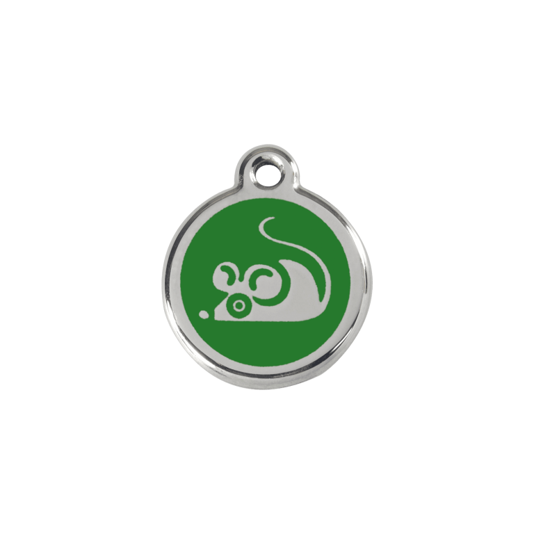 Vue avant - Médaille personnalisée pour chat en émail et acier inoxydable - Red Dingo - Motif souris vert - Taglia S