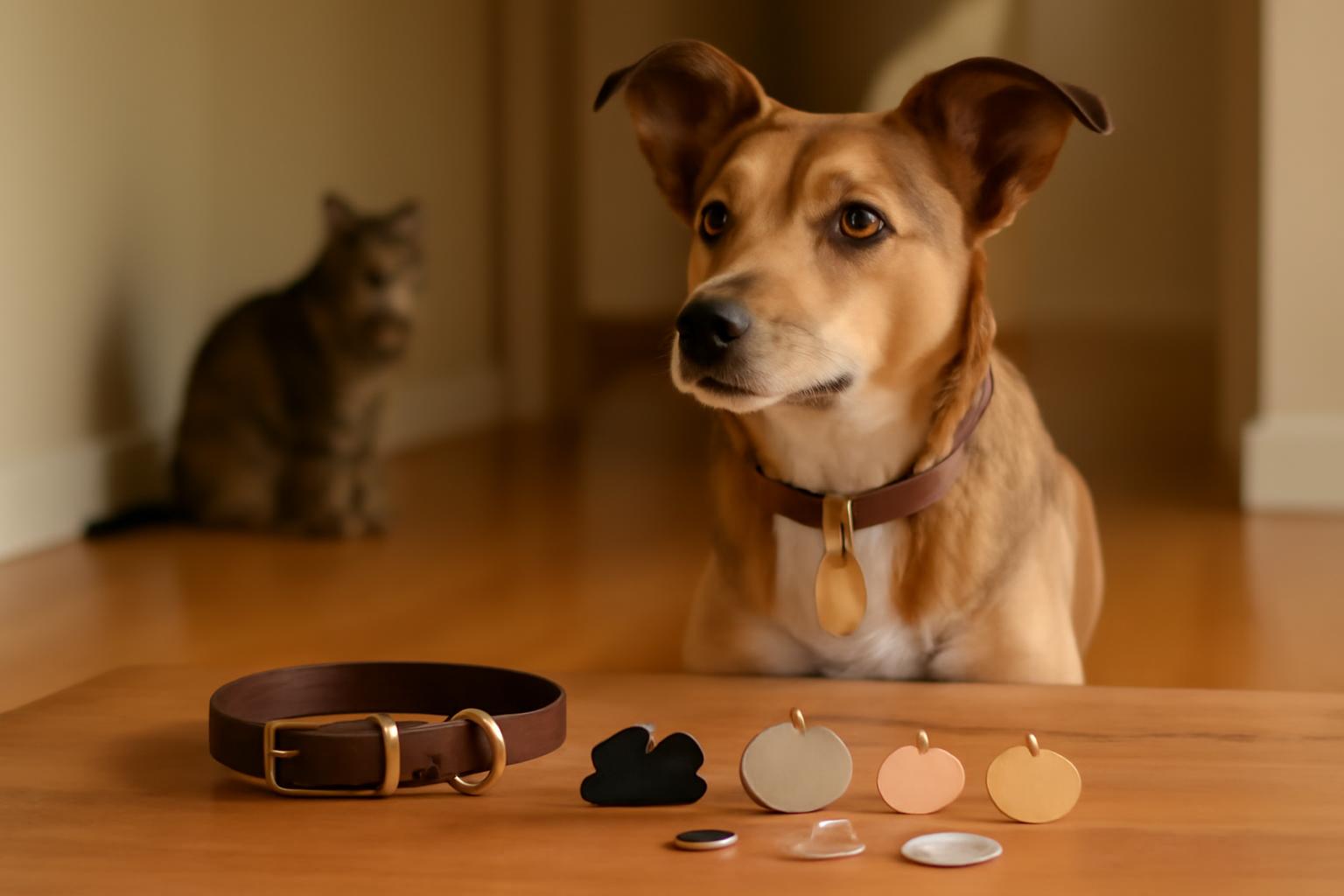 Cane o gatto con medaglietta identificativa per illustrare Come scegliere la targhetta perfetta per il tuo animale