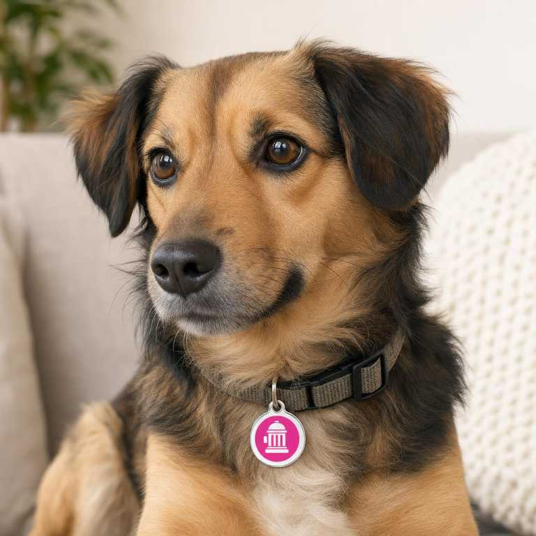 Médaille chien Bouche d'incendie Rose vif Taglia M portée par un animal, avec une échelle réaliste.